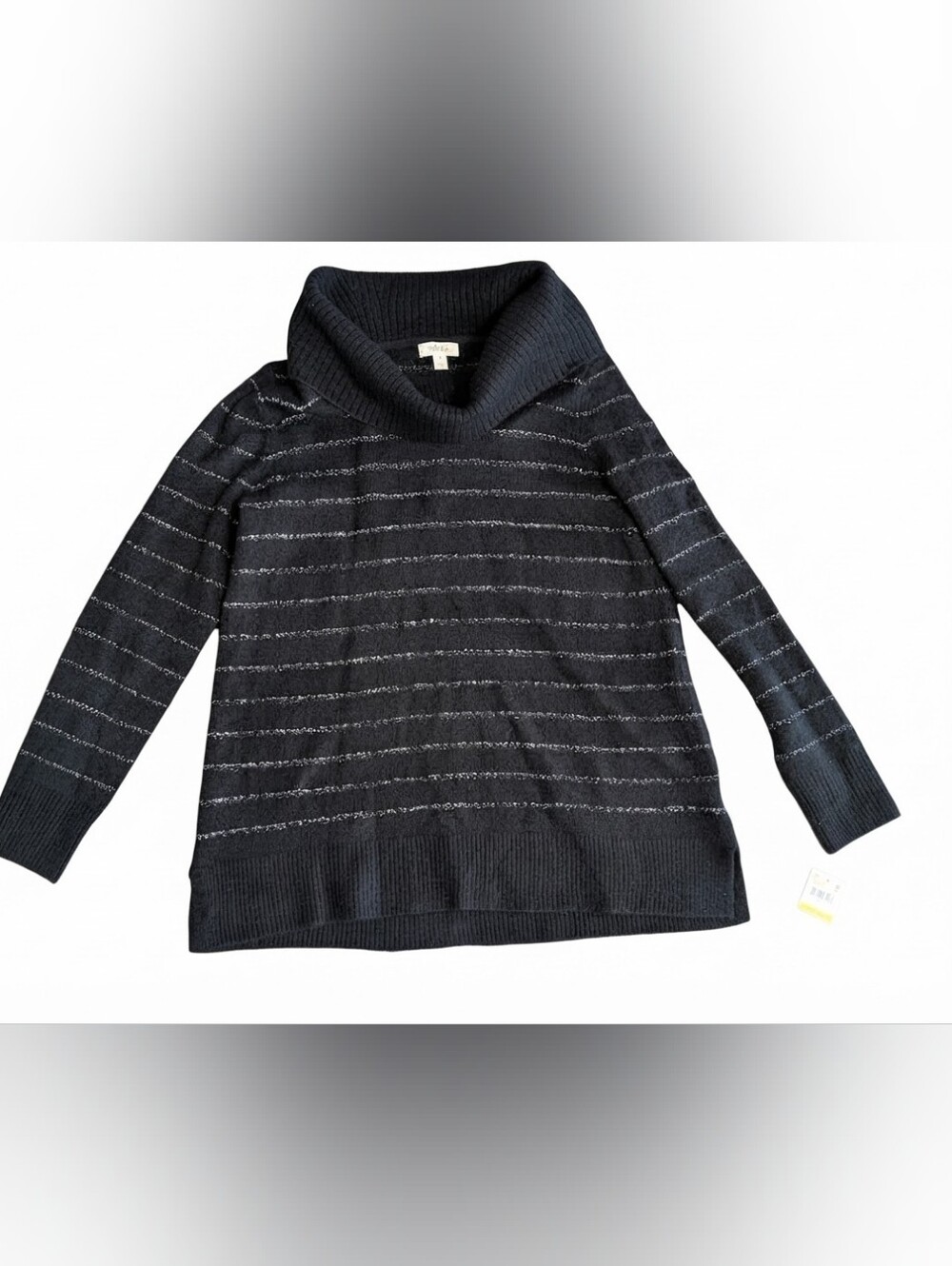 Style & Co Women's Medium Black Metallic Silver Stripe Cowl Neck Pullover